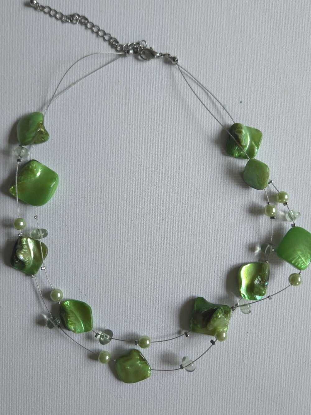Green Shell Floating Bead Illusion Necklace Double Strand Mother of Pearl Choker